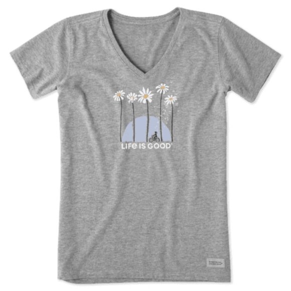 Life is Good Crusher V-Neck T-Shirt - Towering Daisies Bike Graphic - Picture 1 of 15